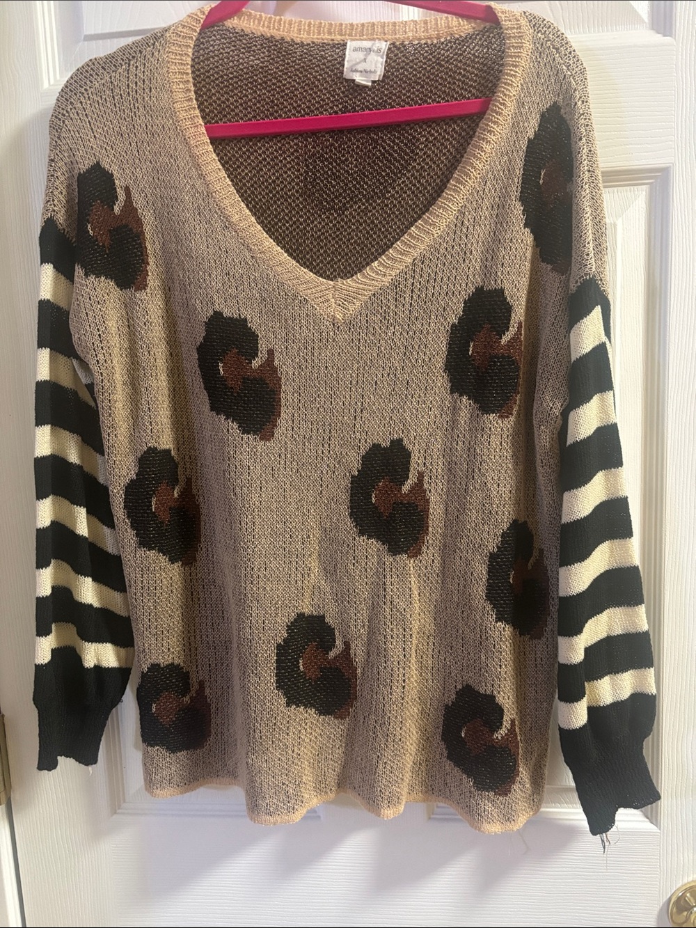 Women's V-Neck Knit Sweater - Beige Floral & Black Stripe Sleeves